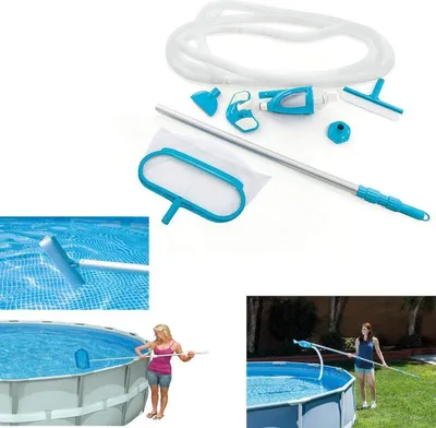 Image de Kit de nettoyage pour piscine Intex, manche télescopique 2,79m / tuyau 7,5m / 2 pièces. Aspirateur de fond avec tamis de filtration à raccorder à la pompe de filtration,