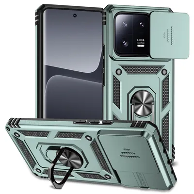 Immagine prodotto di Custodia per Xiaomi 13 Pro a doppio strato con copertura scorrevole della fotocamera e supporto ad anello verde