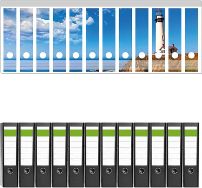 Produktbild von Wallario 12 Stück breite Ordner inkl. Klebeetiketten mit Motive Leuchtturm auf einem Felsvorsprung - Blauer Himmel -  Set mit Rückenschildern / Ordnerrücken Stickern