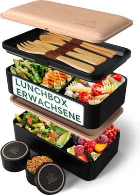 Produktbild von Umami All-in-1 1,2L Bento Lunchbox Erwachsene mit Besteck, 2 Saucenbehältern als Brotdosen Salat, Snack Bento Box, Auslaufsichere Brotdose Erwachsene, Inkl. Zubehör Brotdose mit Fächern für Meal Prep