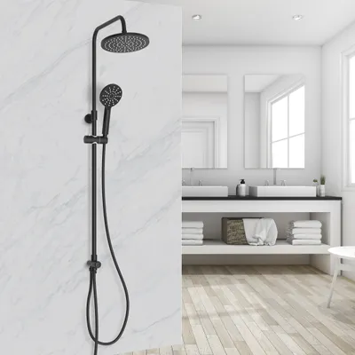 Zdjęcie produktu dla System prysznicowy Zestaw prysznicowy r?czny i g?owicowy MARWELL Czarny RAINSTAR - 43x21cm - system prysznicowy z dr??kiem z regulacj? wysoko?ci
