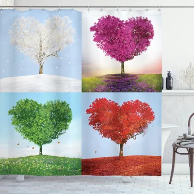 Image de ABAKUHAUS Rideau de douche naturel, motif cœur d'un arbre dans les 4 saisons : été, automne, hiver, printemps, 175 x 200 cm, multicolore