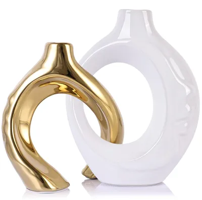 Keramikvasen, 2er-Set, weiß-gold, Boho-Stil, für Tischdeko