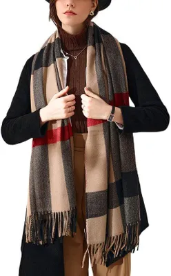 Zdjęcie produktu dla Uniqoos® Damski szal w kratę z frędzlami, 70 x 180 cm, miękki, przypominający kaszmir – ciepły szalik idealny na jesień i zimę