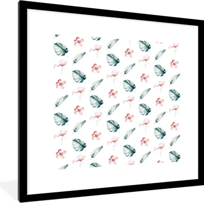 Produktbild von MuchoWow® MuchoWow® Gerahmtes Poster Flamingo - Muster - Blätter 40x40 cm - Poster mit zchwarzem Bilderrahmen - Poster - Plakat im Rahmen