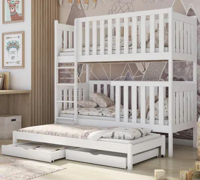 Produktbild von Hochbett mit Ausziehbett aus Massivholz, zwei Schubladen, Lattenrost, extra hohe Ausfallsicherung, umbaubar in 3 Einzelbetten, weiß, 90x200 cm