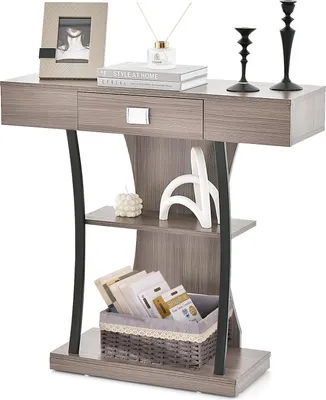 Immagine prodotto di Tavolino da ingresso vintage in legno, tavolino da ingresso con cassetti e 2 ripiani, tavolino da ingresso in stile industriale con struttura in metallo, tavolino da salotto stretto con sistema antiribaltamento, 91x30x88 cm (grigio)