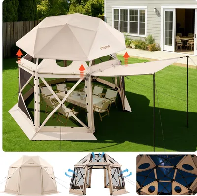 Produktbild von VEVOR Pop-up-Pavillon 3,6 x 3,6 m, 13-seitiges, kugelförmiges Campingzelt mit abnehmbarem Dach & Tragetasche, 360°-Belüftung Sonnenschutz, Partyzelt für 8–10 Personen, Beige