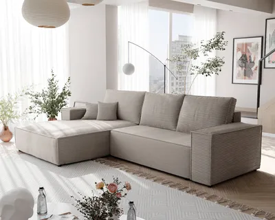 Produktbild von IDOHOME-Polsterecksofa NOVA mit Schlaffunktion und Bettkasten Ecksofa in L-Form Wohnzimmer Sofa mit Bettkasten Couch Links Poso 02 Beige