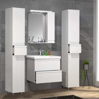 Produktbild von VCM 5-tlg. Waschplatz | Waschtisch Unterschrank 60 cm | Badmöbel Set mit Keramik Waschbecken | grifflosen Schubladen | Spiegelschrank | 2x Hochschrank | Komplettset Silora L