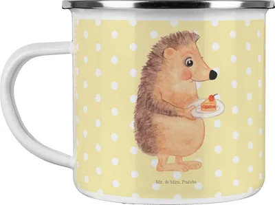 Produktbild von Mr. & Mrs. Panda Emaille Tasse Igel Kuchenstück - Gelb Pastell - Geschenk, Torte, Essen Spruch, Kuchen, Lustige Sprüche, Geburtstagskuchen, Becher, Teetasse, Backen, Pott