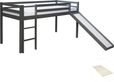 Produktbild von Homestyle4u Kinder Hochbett mit Lattenrost Rutsche Leiter 90x200 cm Grau Massiv Etagenbett