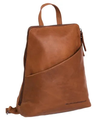A brown leather rucksack is shown against a white background.