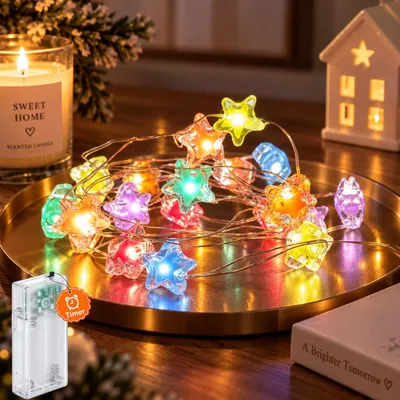 Lichterkette mit Sternen, 2 m, 20 LEDs, Timer, batteriebetrieben