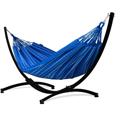 Produktbild von Potenza Outdoor Catargo Hängematte mit Gestell für 2 Personen I Baumwolle Doppelhängematte XXL 220x160, 220kg I Schwarz Hängemattengestell 220kg, wetterfest
