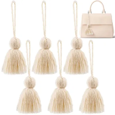 6 Baumwollquasten mit Schlaufe, 15 cm, beige, handgefertigt
