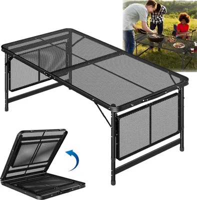 Produktbild von Sessamen-LP Skladací kempingový stôl 120 × 60 cm Stolík na grilovanie Kempingový stolík Kovová mriežka Záhradný stôl Výškovo nastaviteľný kempingový stôl Vonkajší