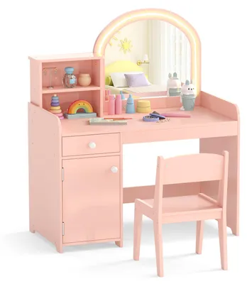 Immagine prodotto di COSTWAY Set da trucco 2 in 1 per bambini, tavolino da parrucchiere con sgabello, luci LED, specchio, armadietto e cassetto, tavolino da trucco per bambini dai 3 anni in su, rosa chiaro