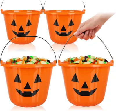 Produktbild von com-four® 4x Halloween Kürbis Eimer XL - Eimer aus Kunststoff im Kürbis-Design zum Sammeln von Süßigkeiten - Candy Bag Sammeltasche mit Henkel für Halloween