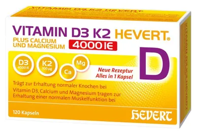 Produktbild von Vitamin D3 K2 Hevert + Calcium & Magnesium 4000 IE, 120 St. Kapseln