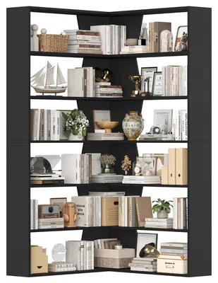 Image de Bibliothèque d'angle en L - Étagère en bois 80 x 84 x 185 cm - 7 niveaux avec 16 compartiments - Pour le bureau et le salon - Noir