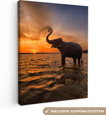 Produktbild von MuchoWow® - Leinwandbilder - Elefant - Meer - Tiere - Sonnenuntergang - Orange, Wandbild, Wanddeko Bilder Wohnzimmer, 90x120cm