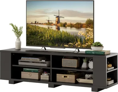 Zdjęcie produktu dla Szafka pod telewizor COSTWAY, niska szafka pod telewizor do 65 cali, stolik pod telewizor z 4 otwartymi przegrodami, 4 bocznymi przegrodami i regulowanymi półkami, szafka pod telewizor, półka pod telewizor, 150 x 39 x 45 cm (czarny)