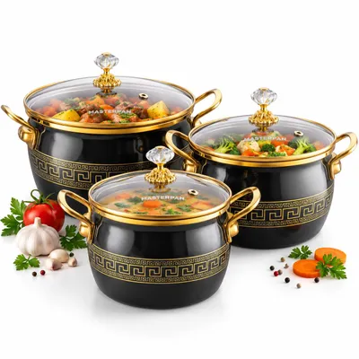 Productafbeelding van MASTERPAN | Set van 3 pannen met deksel | 18 cm | 20 cm | 22 cm | Geëmailleerde pannen | Koolstofstaal | Geschikt voor inductie | Pan met deksel | MP2660