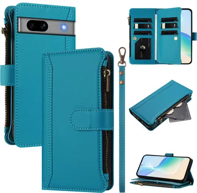 Image de Étui pour Google Pixel 7A, zippé, étui portefeuille en cuirPolyuréthaneà rabat avec poches pour cartes, support et boucle pour les mains Lake blue