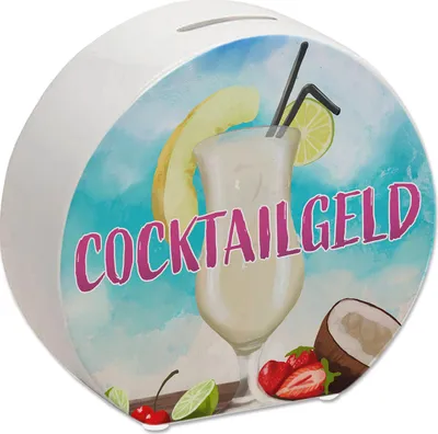 Produktbild von Spardose mit Pina Colada im Glas und blauen Wasserfarben - Cocktailgeld