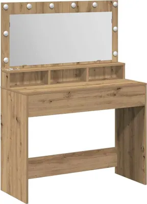 A vanity table with a mirror and lights.