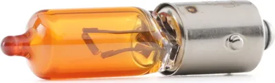 A close-up studio shot of an amber automotive light bulb against a white background.