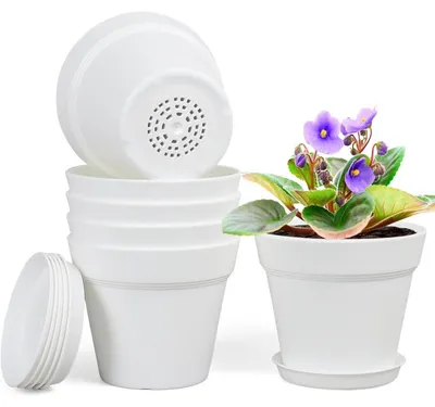 Produktbild von Blumentöpfe mit Untersetzer 6er Set 15,2 cm Weiß Kunststoff