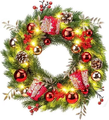 Produktbild von Kerstkrans 40 cm mit LED-Beleuchtung, Timer und Batteriebetrieb - Rote Kerstbälle und Tannenäpfel - Dekoration für Türen und Adventszeit - Festliche Türkrone mit 40 LEDs