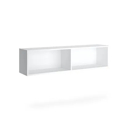 A white, two-compartment wall shelf is shown against a white background.