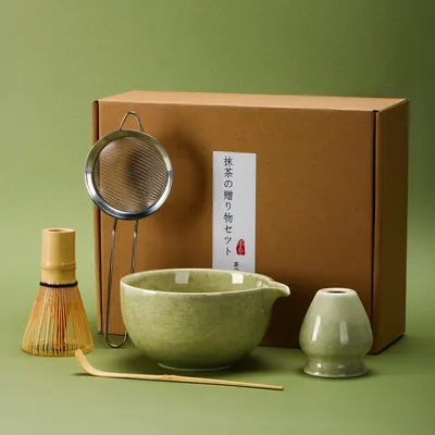 Matcha-Set 5-teilig mit Bambusbesen, Löffel, Ständer, 21,5x27 cm, grün