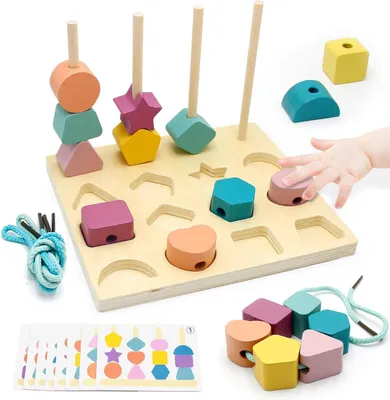 Produktbild von 3 in 1 Kinder Montessori Spielzeug ab 3 4 5 Jahre,Inklusive Steckspiel, Fädelspiel und Bausteine Sortierspiel，Motorikspielzeug, Holz Sortier