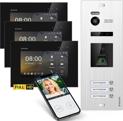 Produktbild von HD Video Türsprechanlage mit Fingerprint RFID und App für 3 Familienhaus, 3x Monitore