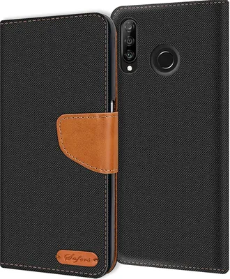 A black flip case wallet for a Huawei P30 Lite phone is shown open, revealing the phone's back and camera module. The case has a brown leather strap closure and a small brown logo on the front flap.