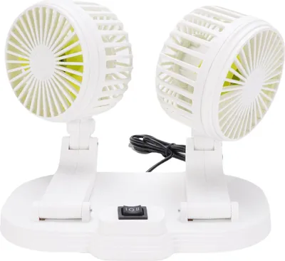 Imagen del producto de Ventilador USB para coche, 5V, con 2 velocidades, bajo nivel de ruido, rotación de 360 grados, ventilador de escritorio portátil de doble cabezal para SUV, autocaravana, camión, color blanco