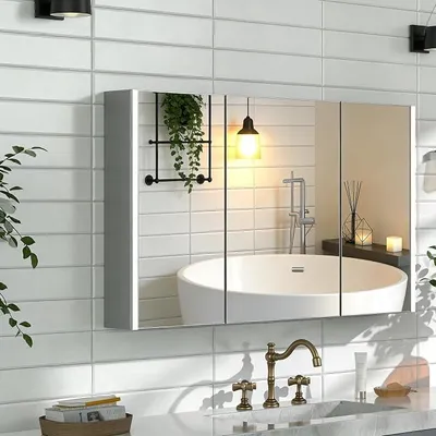 Produktbild von Spiegelschrank Bad mit Beleuchtung, 100x70x13cm Badezimmer Spiegelschrank, Badspiegel mit Led-Beleuchtung, Badezimmerschrank mit 3 TüRen, Dimmbar, PapierausgabeöFfnung