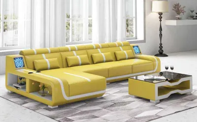 Image de Canapé D’Angle Design En Forme De L Avec Méridienne En Cuir Jaune