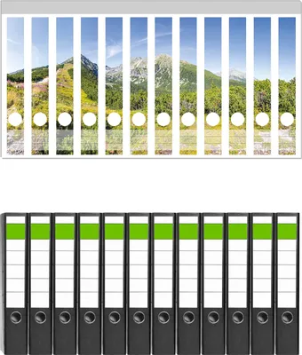 Produktbild von Wallario 12 Stück schmale Ordner inkl. Klebeetiketten mit Motive Berggipfel in der Tatra -  Set mit Rückenschildern / Ordnerrücken Stickern