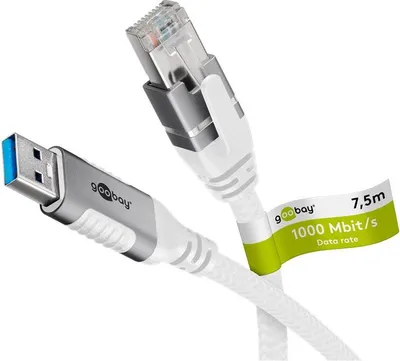 Obrázek produktu pro 25x Goobay 74162 Ethernetový kabel USB-A 3.0 na RJ45, 7,5 m, 7,5 m, bílý - připojení routeru, modemu nebo síťového přepínače k portu USB-A notebooku, tabletu nebo smartphonu
