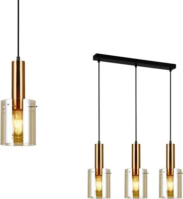 Two different pendant light fixtures are shown against a white background. The one on the left is a single pendant, and the one on the right is a bar with three pendants.