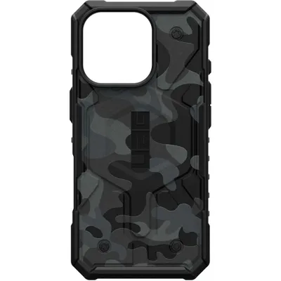 A black and gray camouflage phone case with a cutout for a camera.