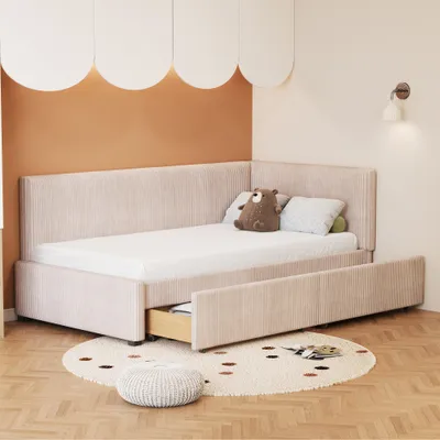 Produktbild von okwish Polsterbett Schlafsofa 90x200cm mit Lattenrost aus Holz, Tagesbett Kinderbett Jugendbett mit 2 großen Stauraumschubladen(Ohne Matratze)- Beige