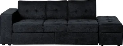 Produktbild von BELIANI 3-Sitzer Sofa Schwarz Stoffbezug Gesteppt mit Ottomane Schlaffunktion Bettkasten Tablett Flache Armlehne Modern Wohnzimmer Ausstattung