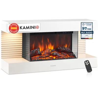 Imagen del producto de KAMINIO Chimenea eléctrica LIZ: Chimenea eléctrica de pared con calefacción, efecto de llama 3D, luz ambiental LED y mando a distancia. Color: blanco