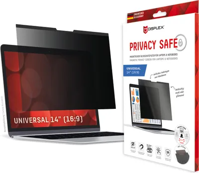 Produktbild von Displex PRIVACY SAFE Magnetischer 2-Wege Blickschutzfilter für Laptop/ Notebook 14'' (16:9), 35,6 cm (14"), 16:9, Laptop, Rahmenloser Blickschutzfilter, 5H, Glänzend/Matt